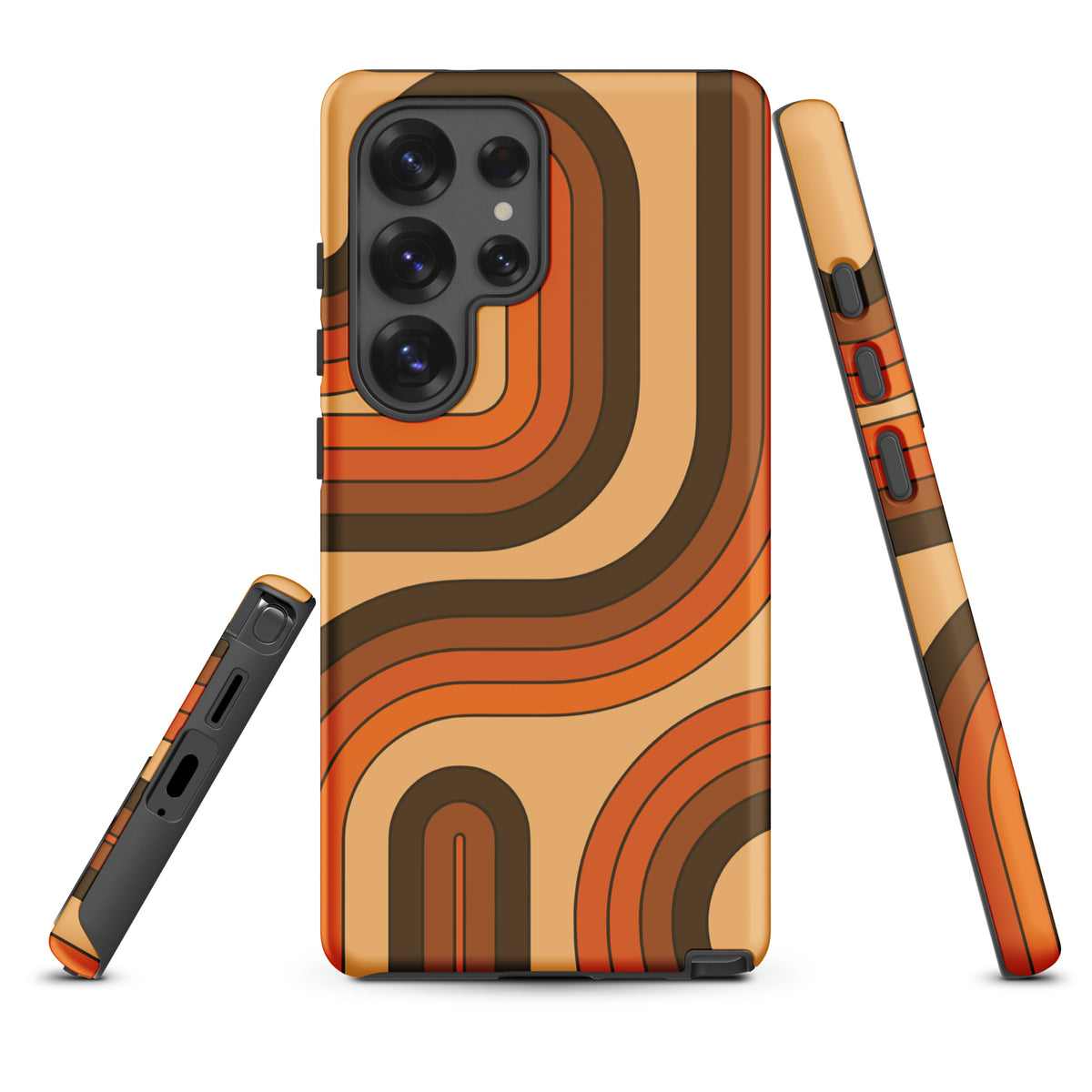 Retro 70s curved stripe pattern in earth tones, brown, and orange printed on a flexible TPU Samsung Galaxy phone case.