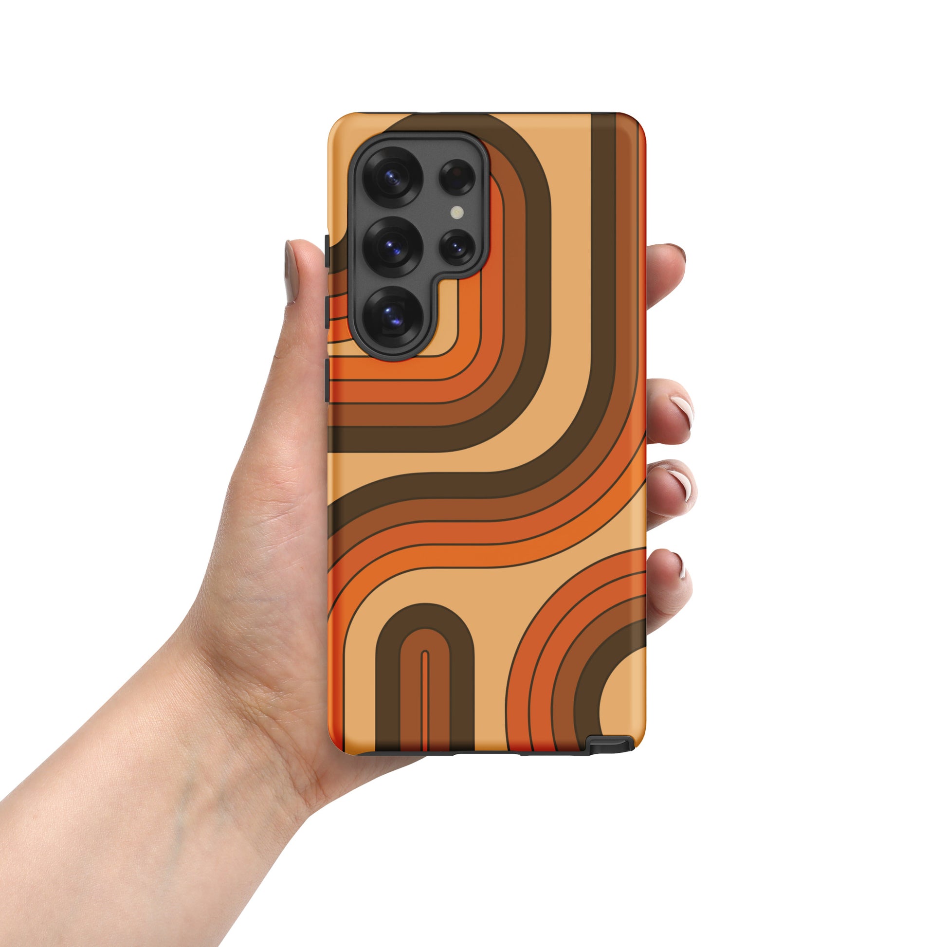 Retro 70s curved stripe pattern in earth tones, brown, and orange printed on a flexible TPU Samsung Galaxy phone case.