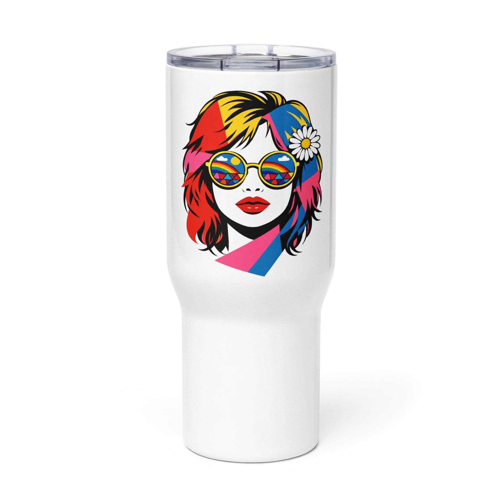 Retro pop art illustration of a woman with rainbow sunglasses and a daisy on a travel mug for faroutgoods.com.