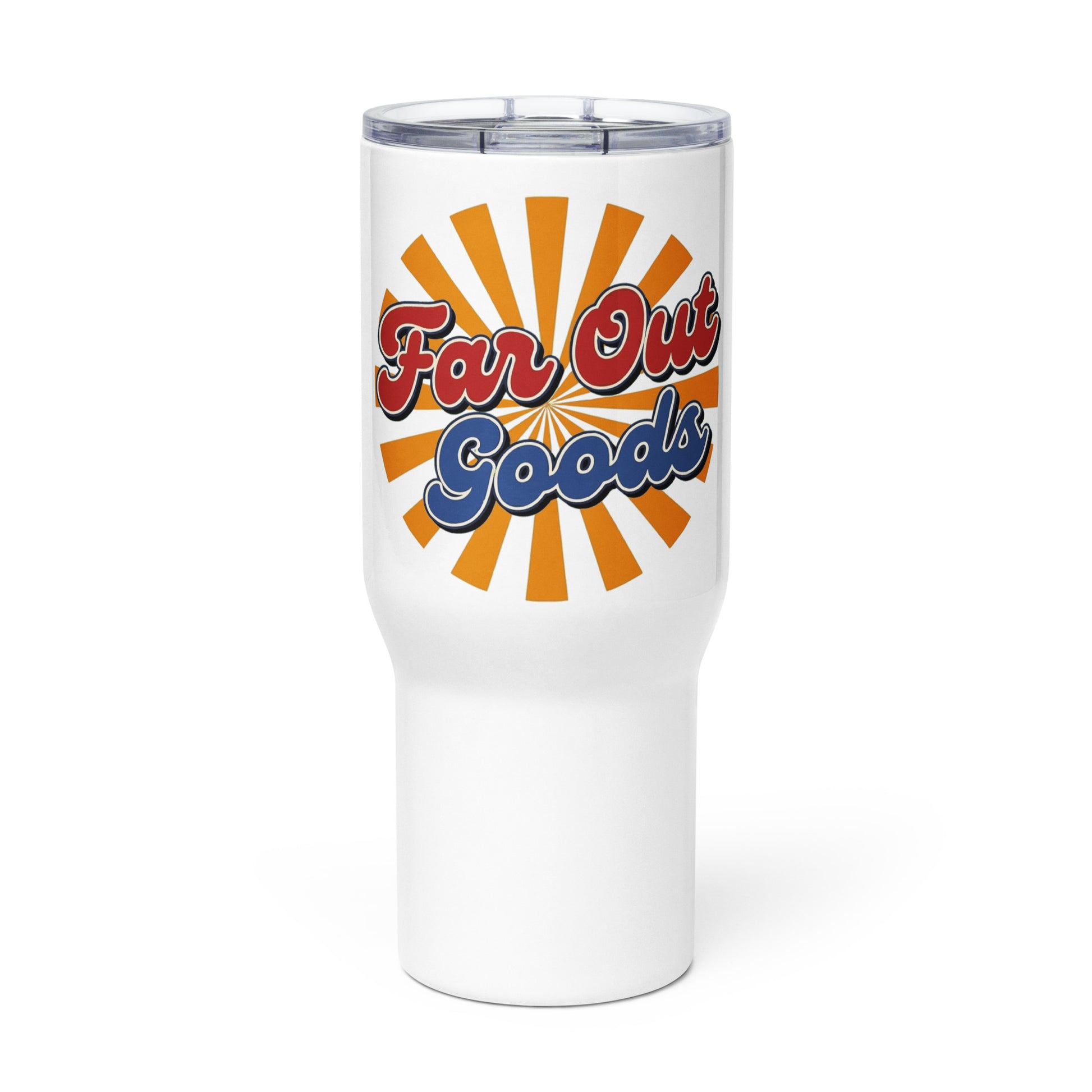 Insulated travel mug featuring a vintage orange sunburst and Far Out Goods logo in retro red and blue script.