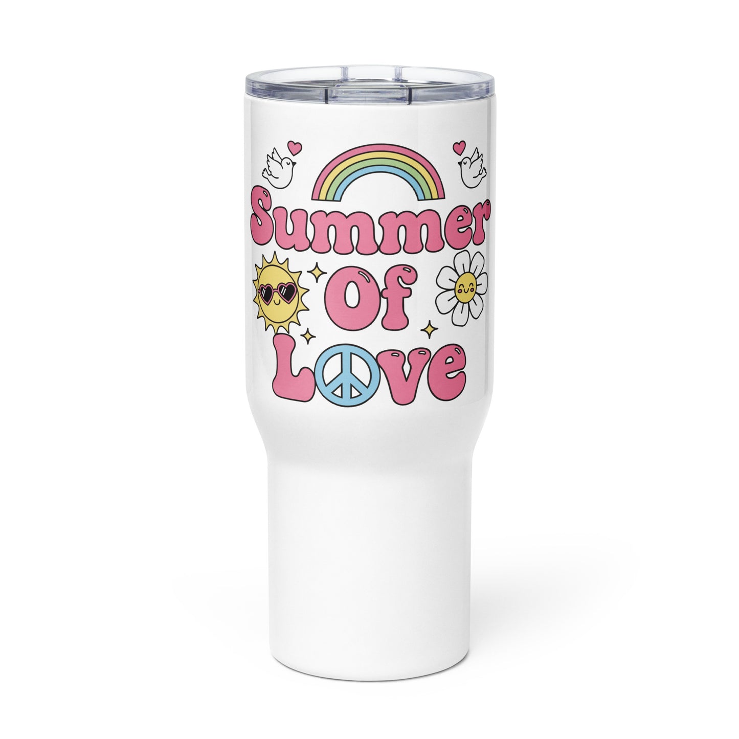 Groovy Summer of Love graphic with a pink rainbow, sun, and daisy on a portable travel mug for retro aesthetic fans.