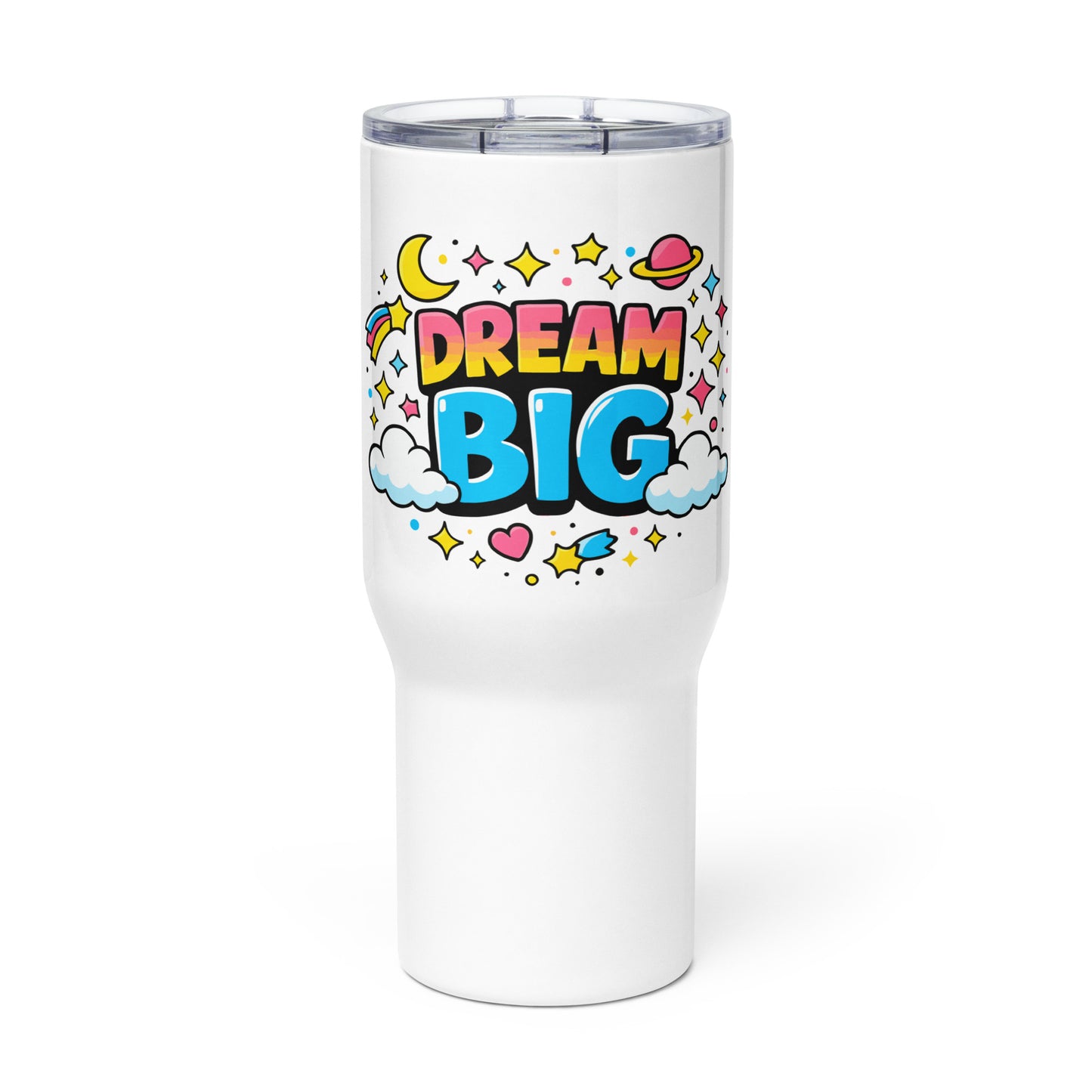 Dream Big" cosmic design with colorful planets, stars, and clouds wrapped around a stainless steel travel tumbler.
