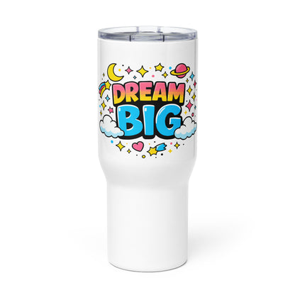 Dream Big" cosmic design with colorful planets, stars, and clouds wrapped around a stainless steel travel tumbler.