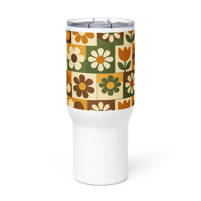 Stainless steel travel mug with a 1970s retro floral grid pattern of groovy flowers in orange, brown, and olive green.
