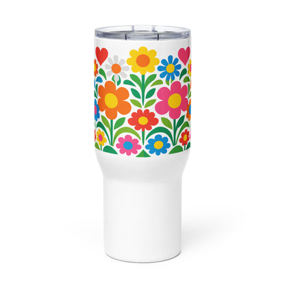 Vibrant 70s style retro flower power design with colorful daisies and hearts on a white stainless steel travel mug. faroutgoods