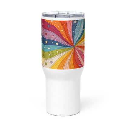 Stainless steel travel mug featuring a vibrant 70s retro quilted rainbow swirl design with stitched details and flowers.