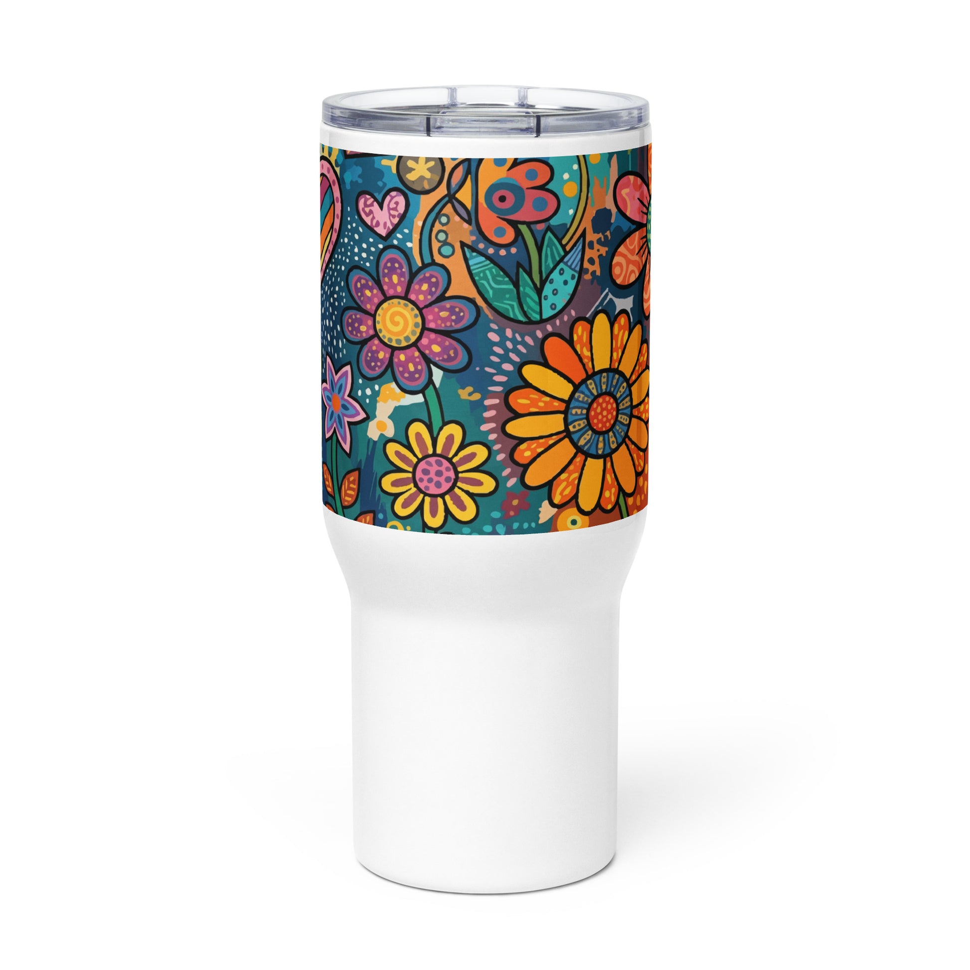Retro psychedelic stainless steel travel tumbler featuring colorful 60s flower power patterns and doodle art.