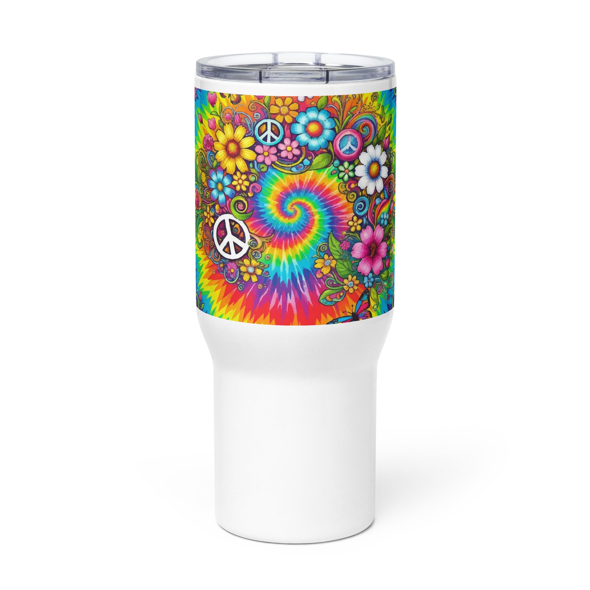 Vibrant psychedelic tie dye stainless steel travel mug featuring colorful retro flowers, butterflies, and peace signs.
