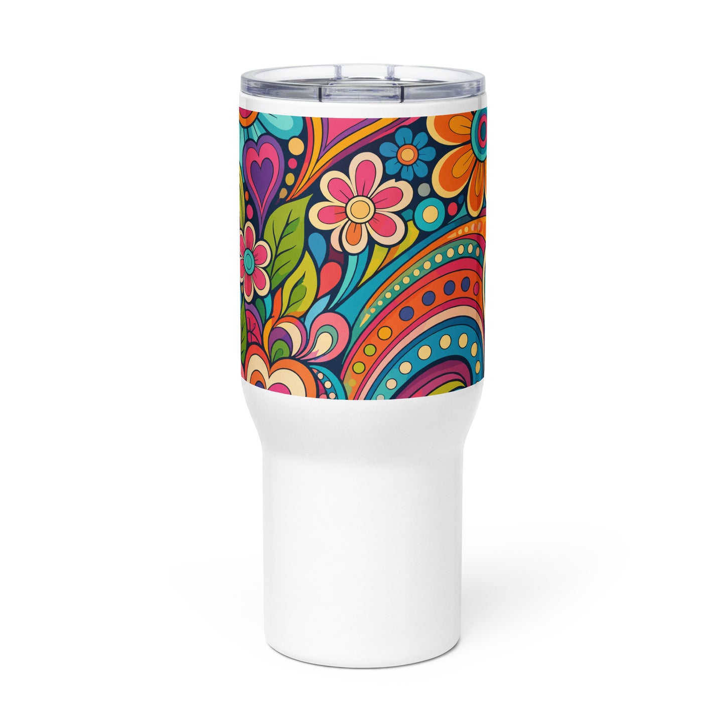 Stainless steel travel tumbler featuring a colorful 70s psychedelic pattern of groovy flowers, swirls, and hearts.