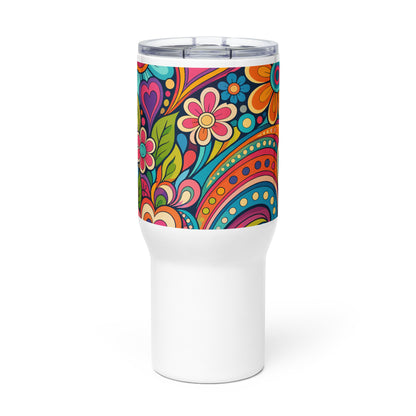 Stainless steel travel tumbler featuring a colorful 70s psychedelic pattern of groovy flowers, swirls, and hearts.