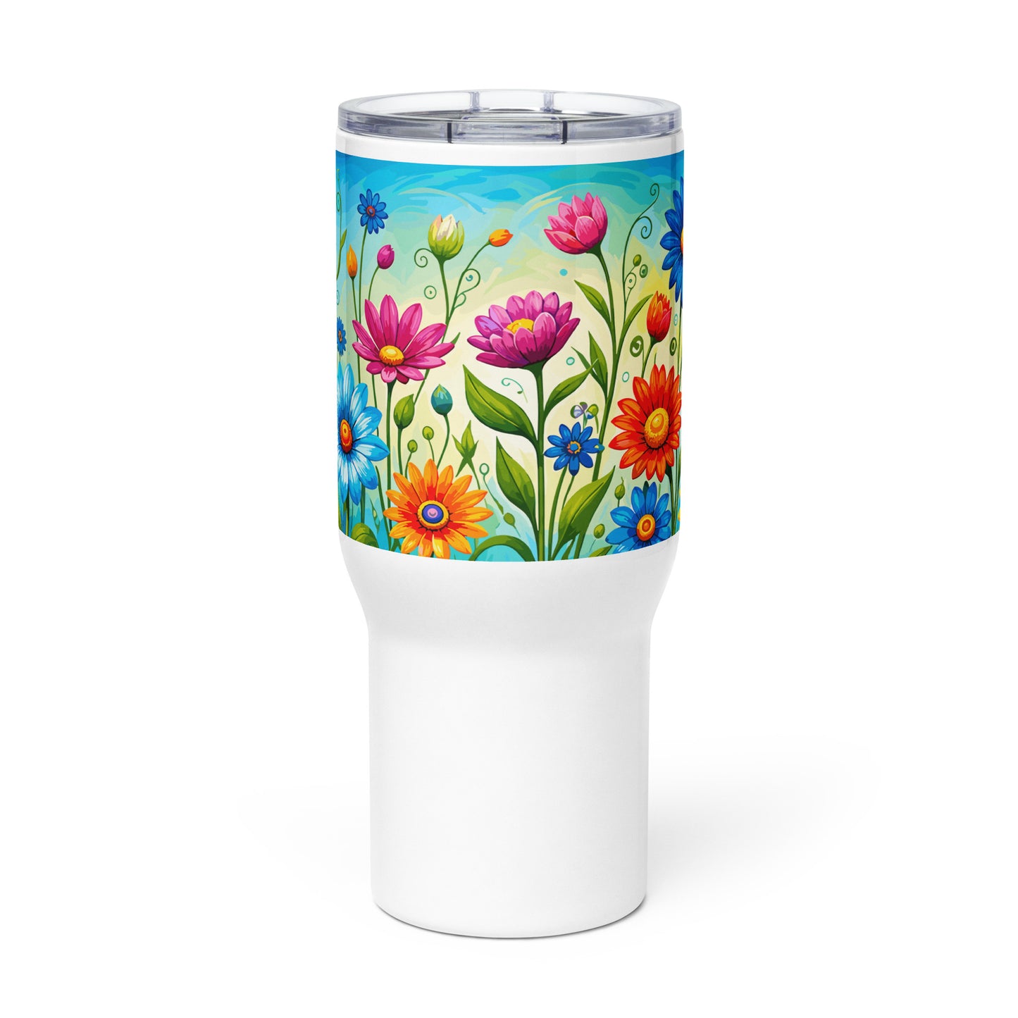 Vibrant retro flower power design featuring colorful daisies, blue, orange, and purple psychedelic boho garden artwork.