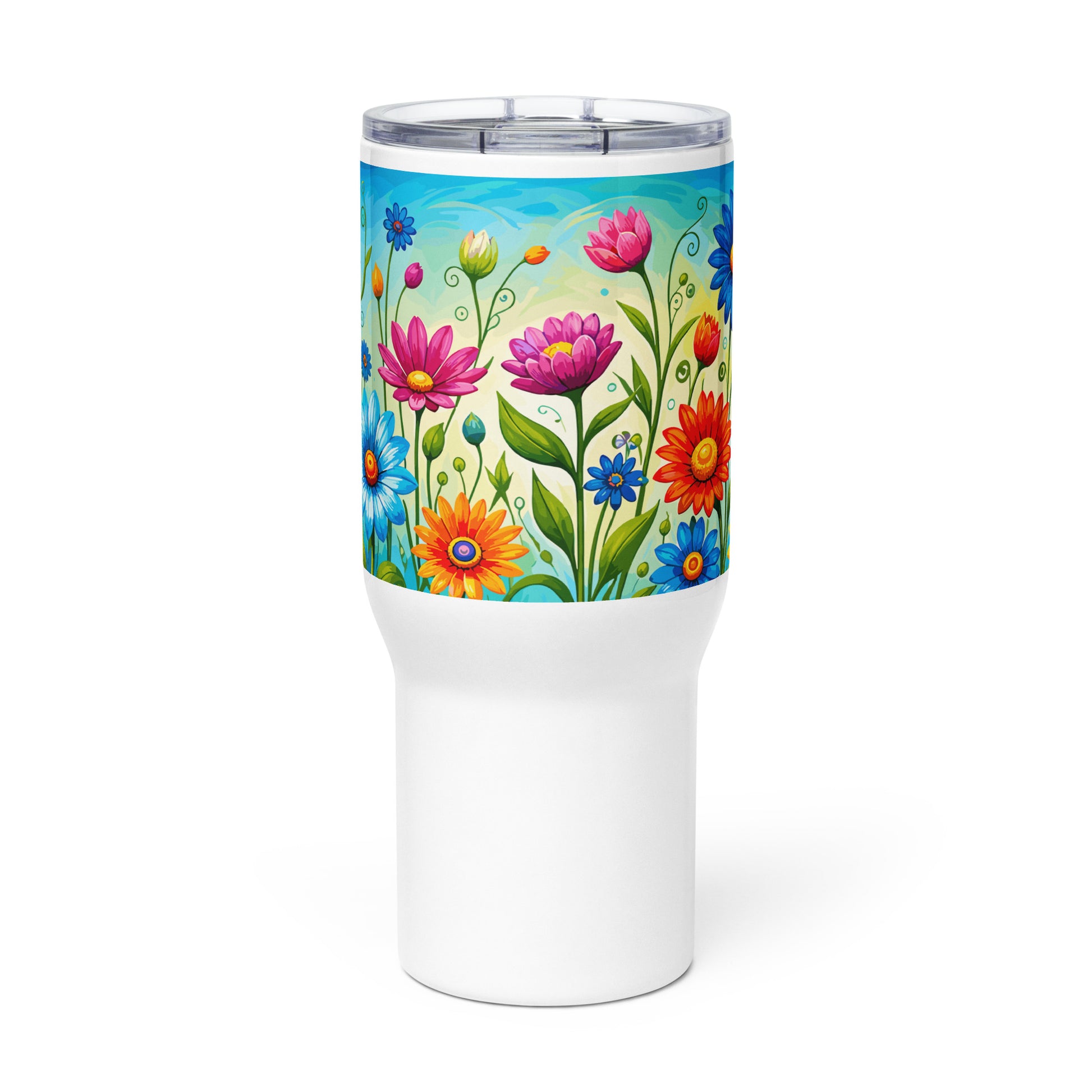 Vibrant retro flower power design featuring colorful daisies, blue, orange, and purple psychedelic boho garden artwork.