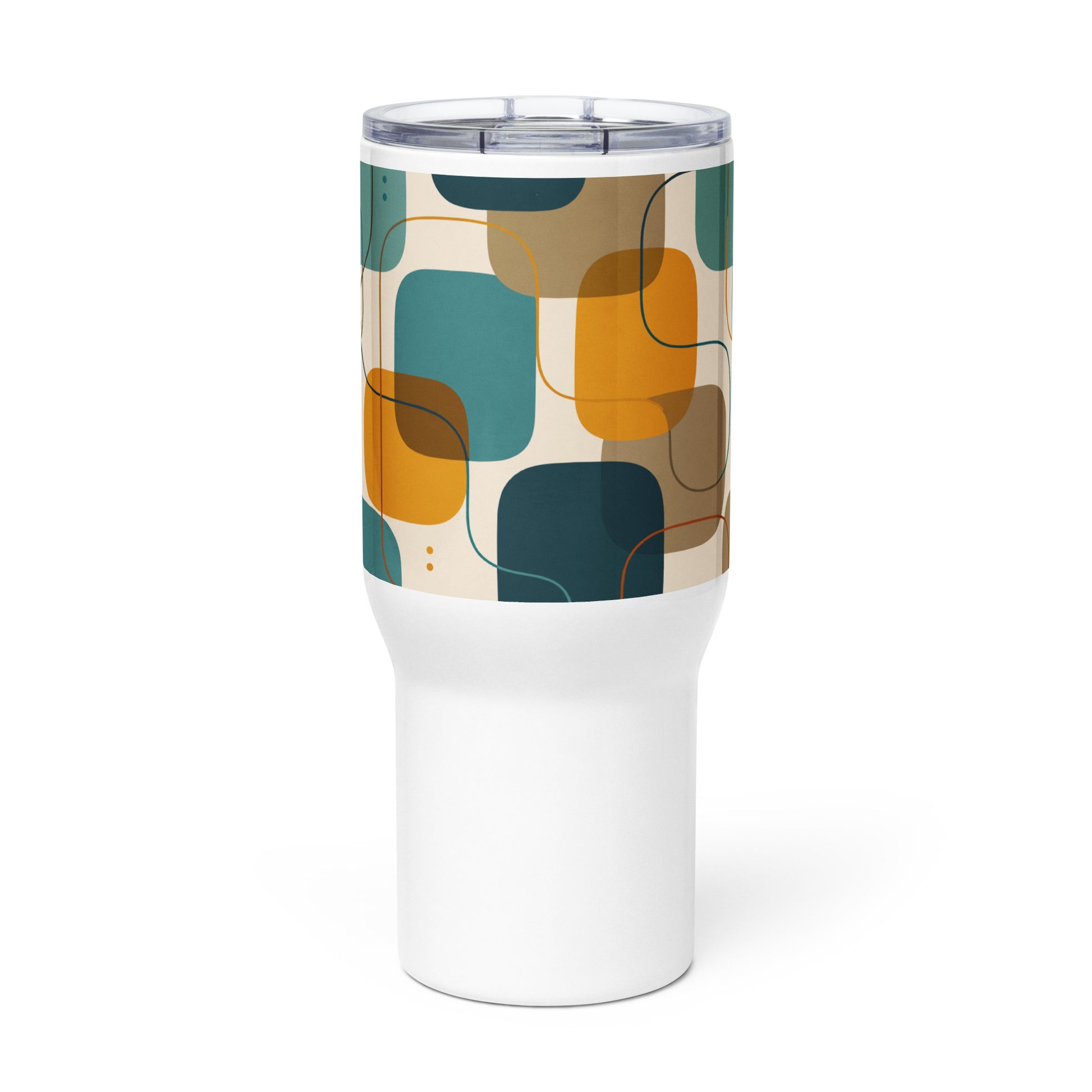 Retro geometric stainless steel tumbler featuring mid-century rounded squares and lines in teal, mustard yellow, and orange.
