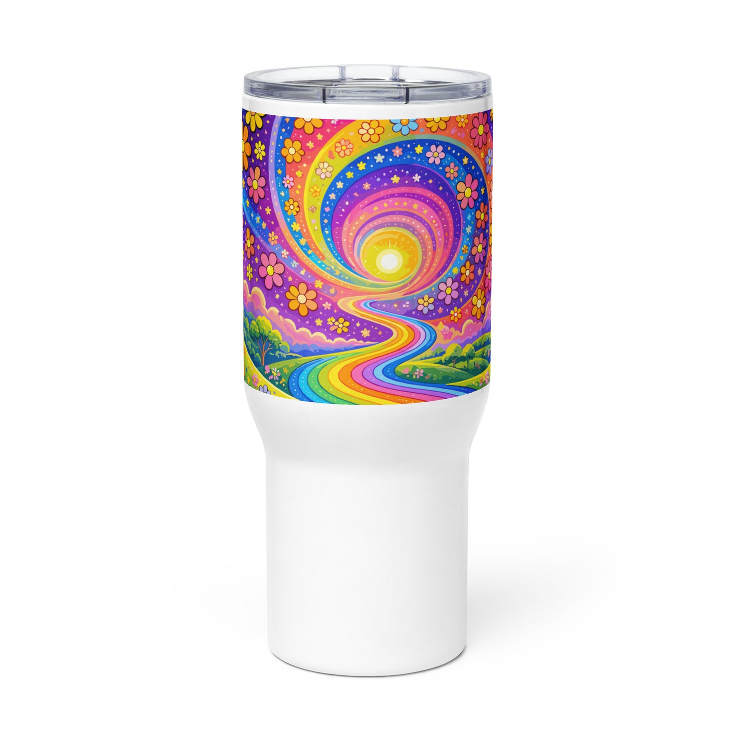 Psychedelic travel tumbler featuring a vibrant rainbow road winding through green hills with colorful daisy flowers