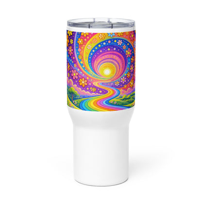 Psychedelic travel tumbler featuring a vibrant rainbow road winding through green hills with colorful daisy flowers
