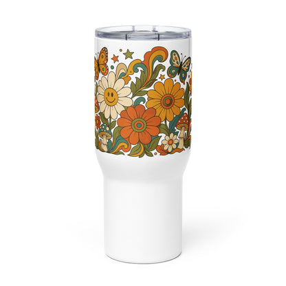 70s retro psychedelic floral art with smiley face daisies, mushrooms, and butterflies on white background