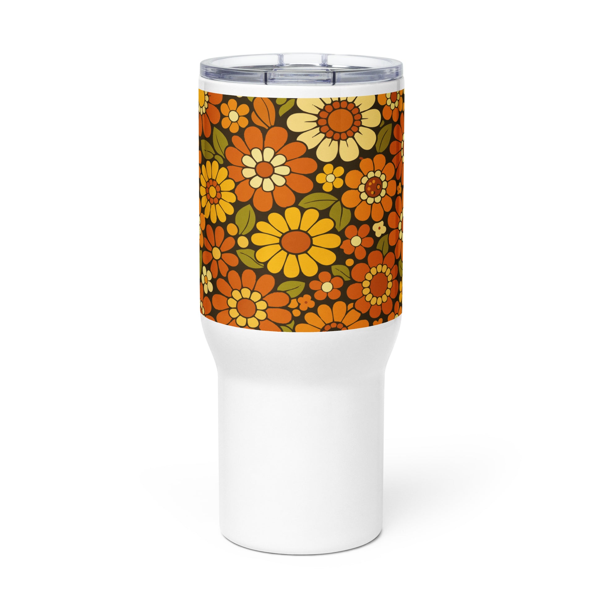Retro 70s floral pattern stainless steel travel mug with orange, yellow, and cream daisies on a dark brown background.