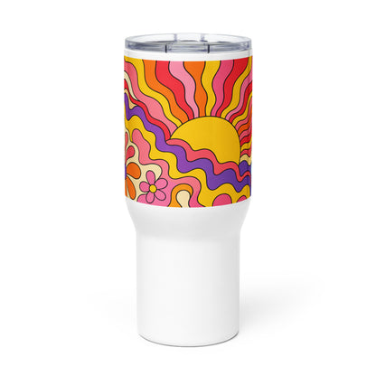 Vibrant 1970s psychedelic travel tumbler with a wavy retro sunburst sunset surrounded by colorful groovy flowers.