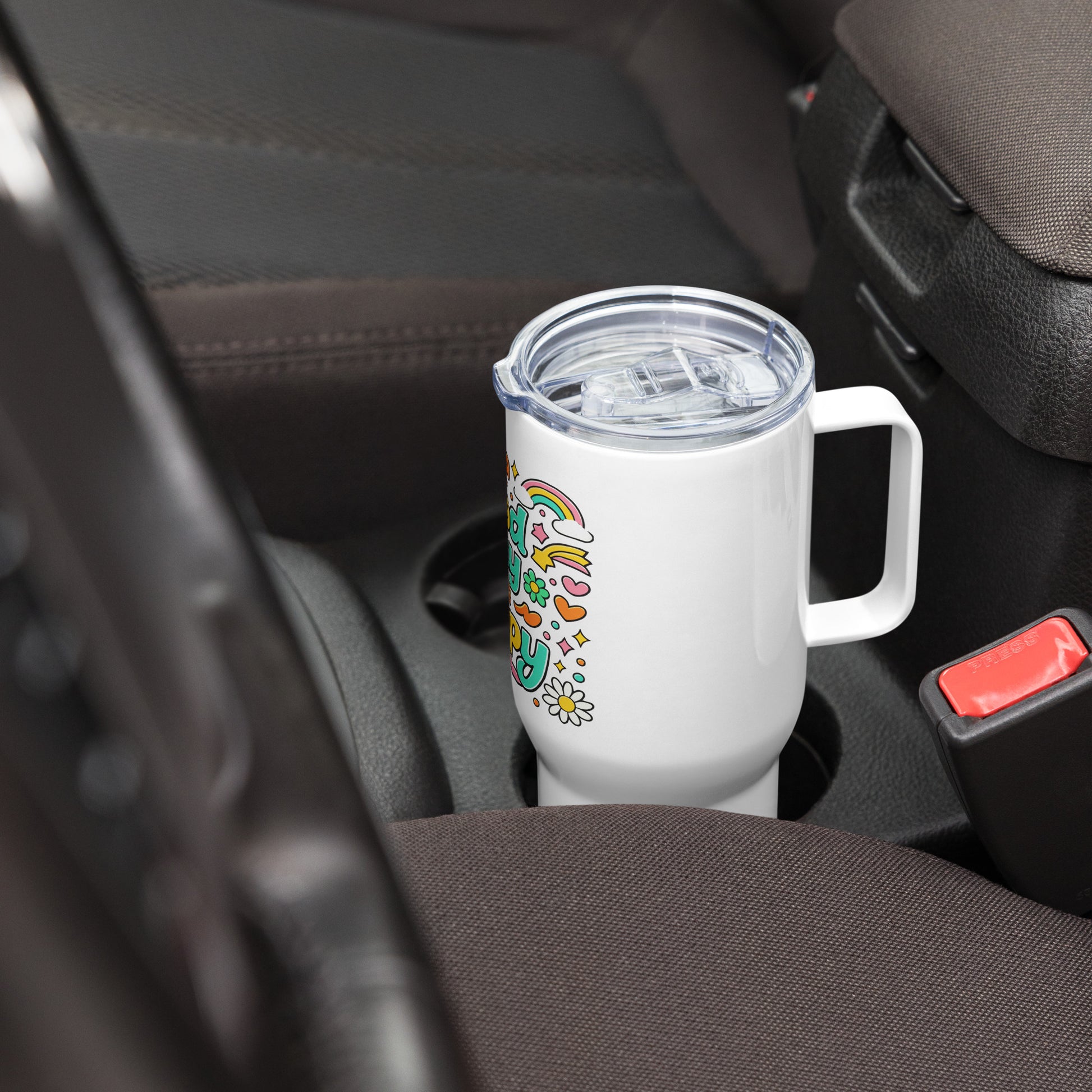 70s travel tumbler design featuring "It's a Good Day to Be Happy" with rainbows and daisies on black background.