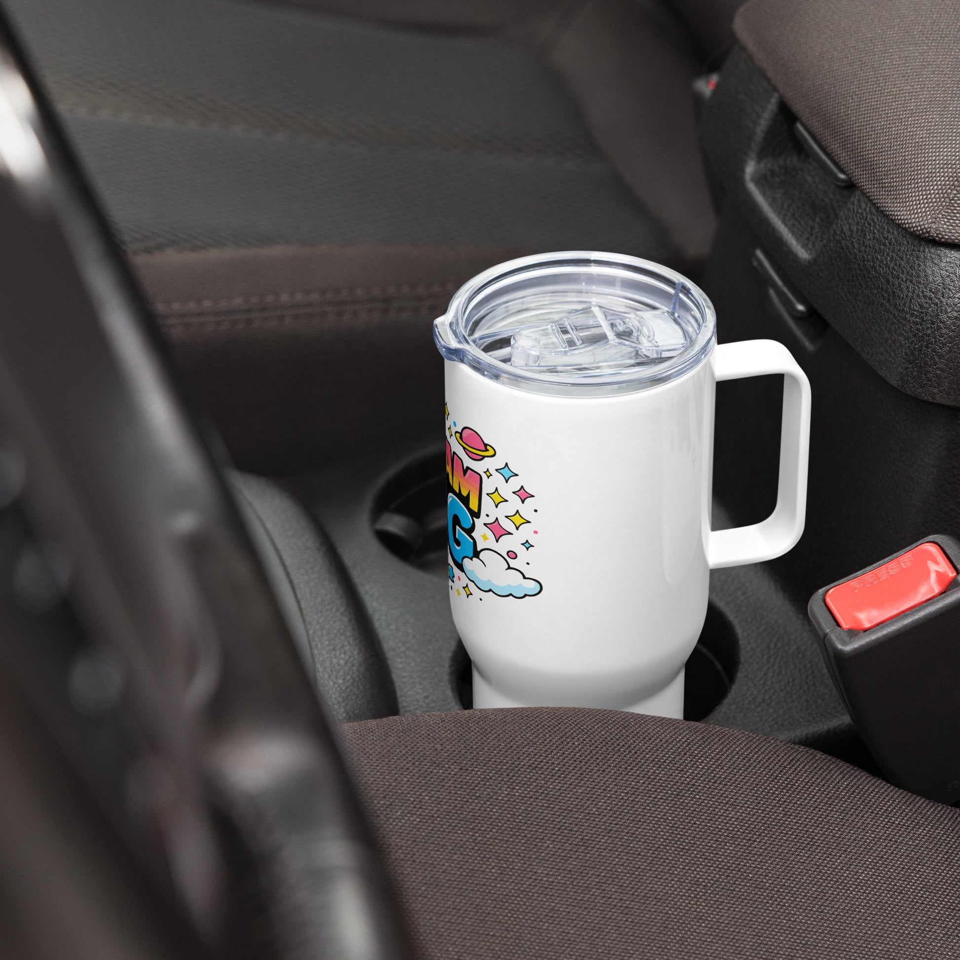 Dream Big" cosmic design with colorful planets, stars, and clouds wrapped around a stainless steel travel tumbler.