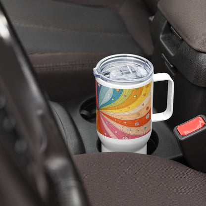 Stainless steel travel mug featuring a vibrant 70s retro quilted rainbow swirl design with stitched details and flowers.