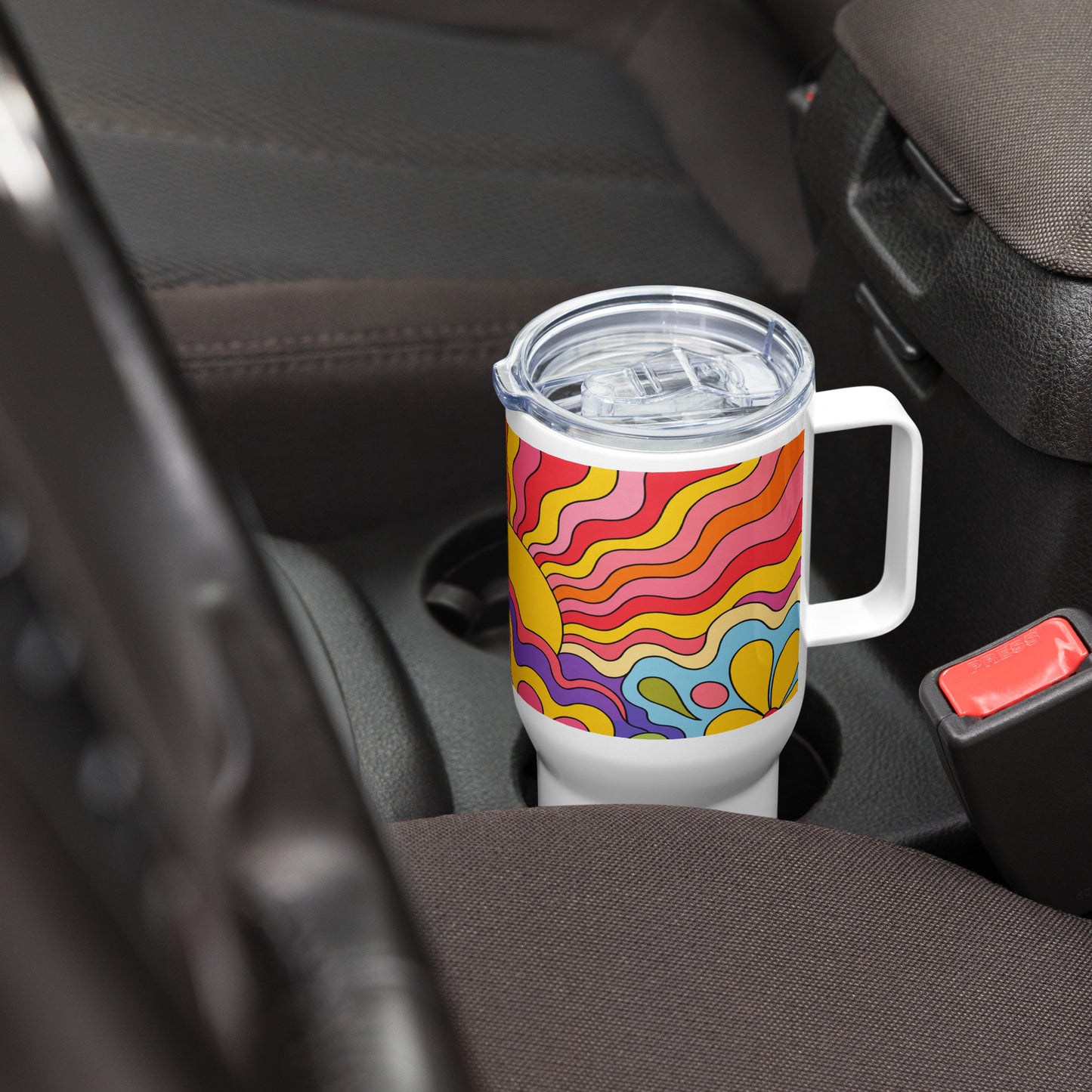 Vibrant 1970s psychedelic travel tumbler with a wavy retro sunburst sunset surrounded by colorful groovy flowers.