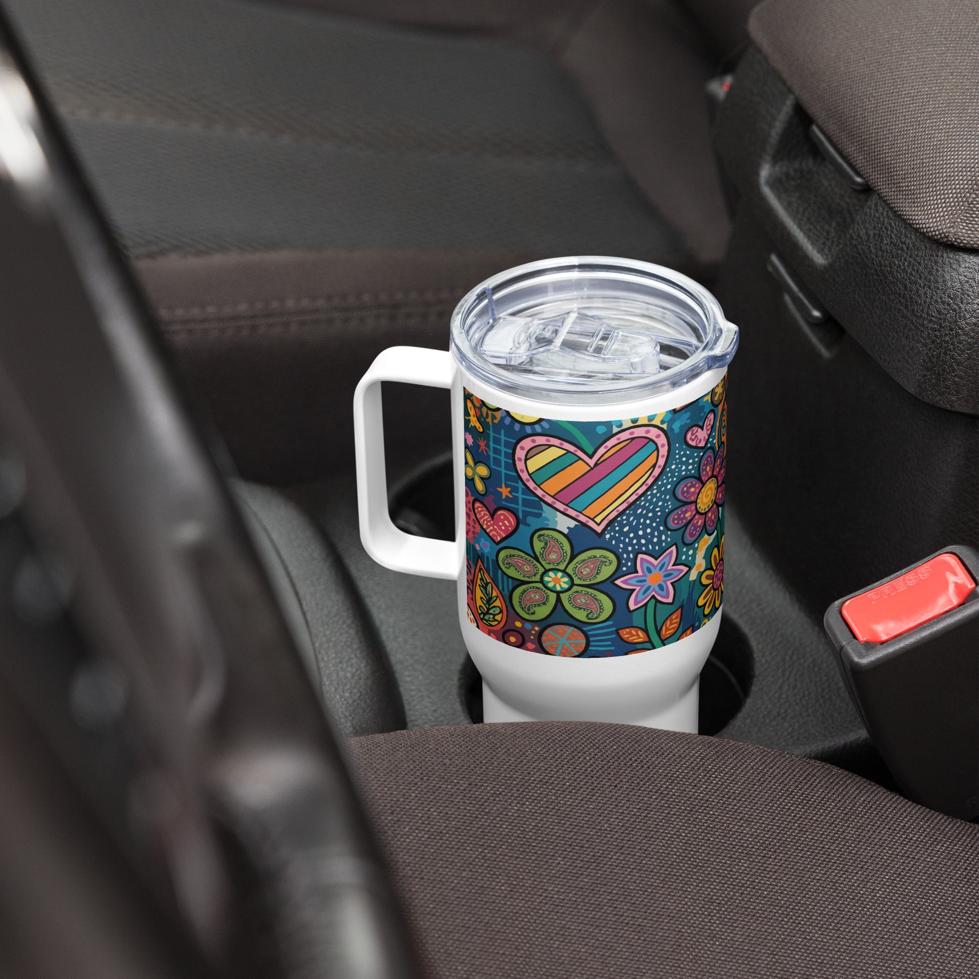 Retro psychedelic stainless steel travel tumbler featuring colorful 60s flower power patterns and doodle art.