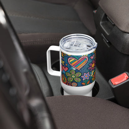 Retro psychedelic stainless steel travel tumbler featuring colorful 60s flower power patterns and doodle art.