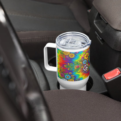 Vibrant psychedelic tie dye stainless steel travel mug featuring colorful retro flowers, butterflies, and peace signs.