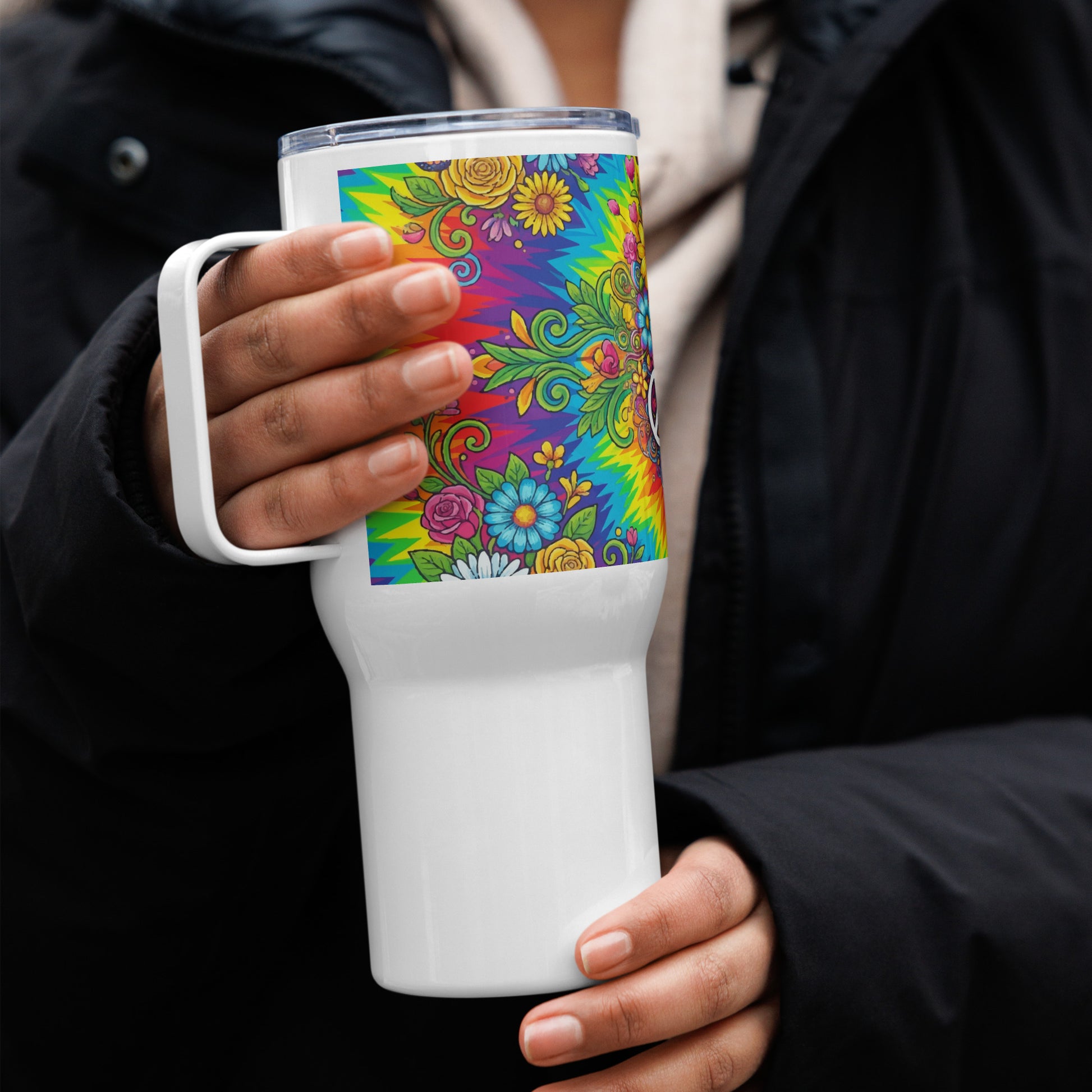 Vibrant psychedelic tie dye stainless steel travel mug featuring colorful retro flowers, butterflies, and peace signs.