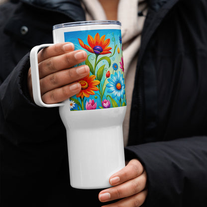 Vibrant retro flower power design featuring colorful daisies, blue, orange, and purple psychedelic boho garden artwork.