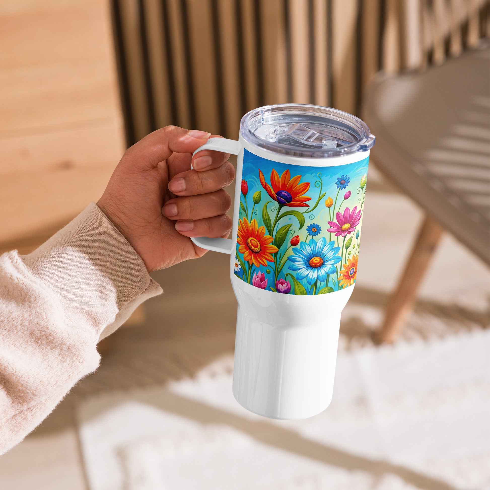 Vibrant retro flower power design featuring colorful daisies, blue, orange, and purple psychedelic boho garden artwork.