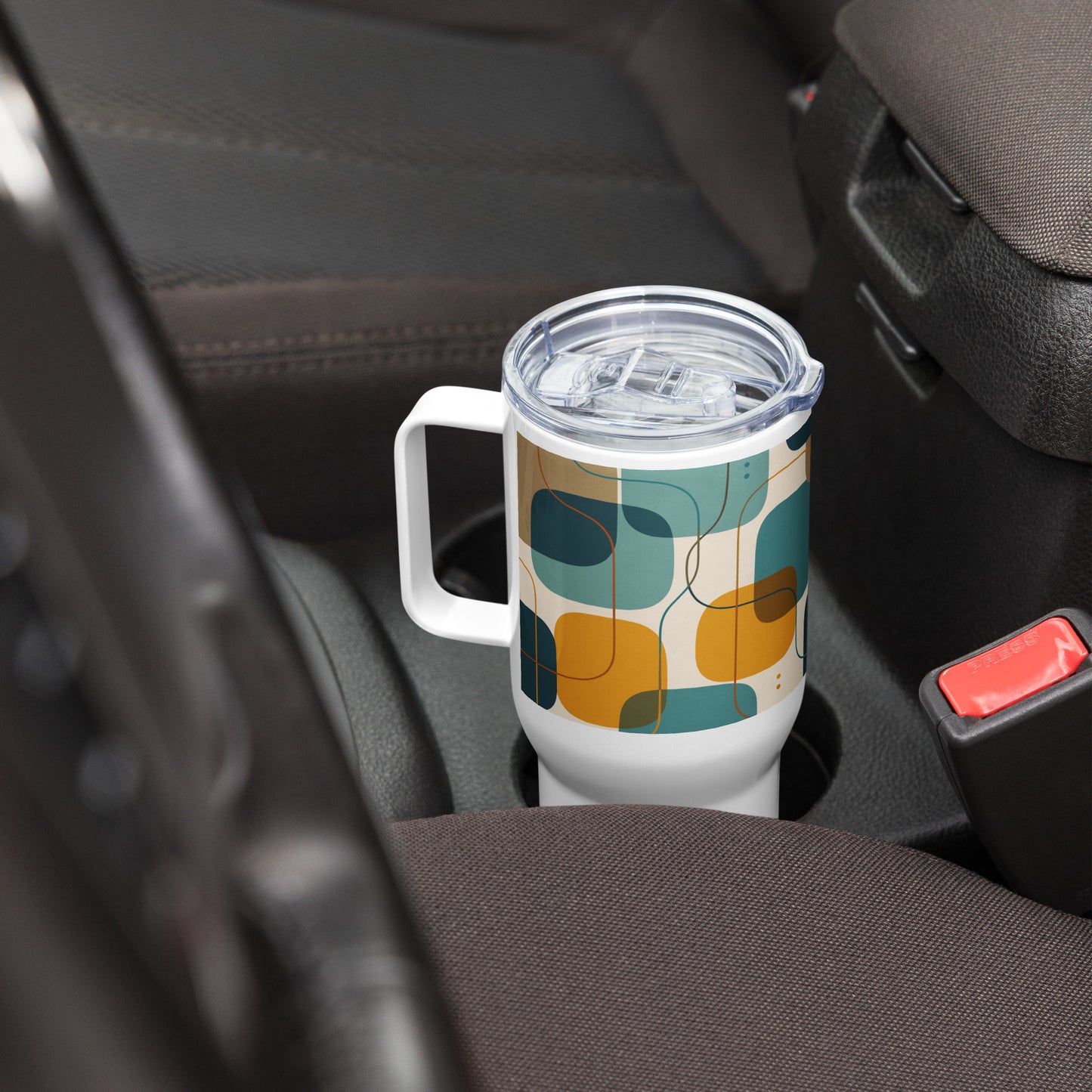 Retro geometric stainless steel tumbler featuring mid-century rounded squares and lines in teal, mustard yellow, and orange.