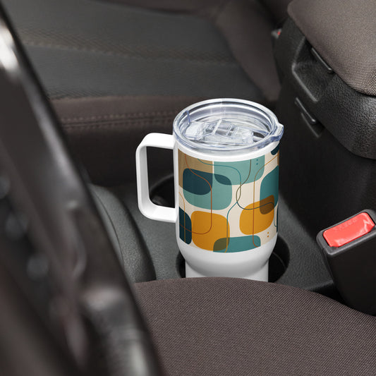Retro geometric stainless steel tumbler featuring mid-century rounded squares and lines in teal, mustard yellow, and orange.