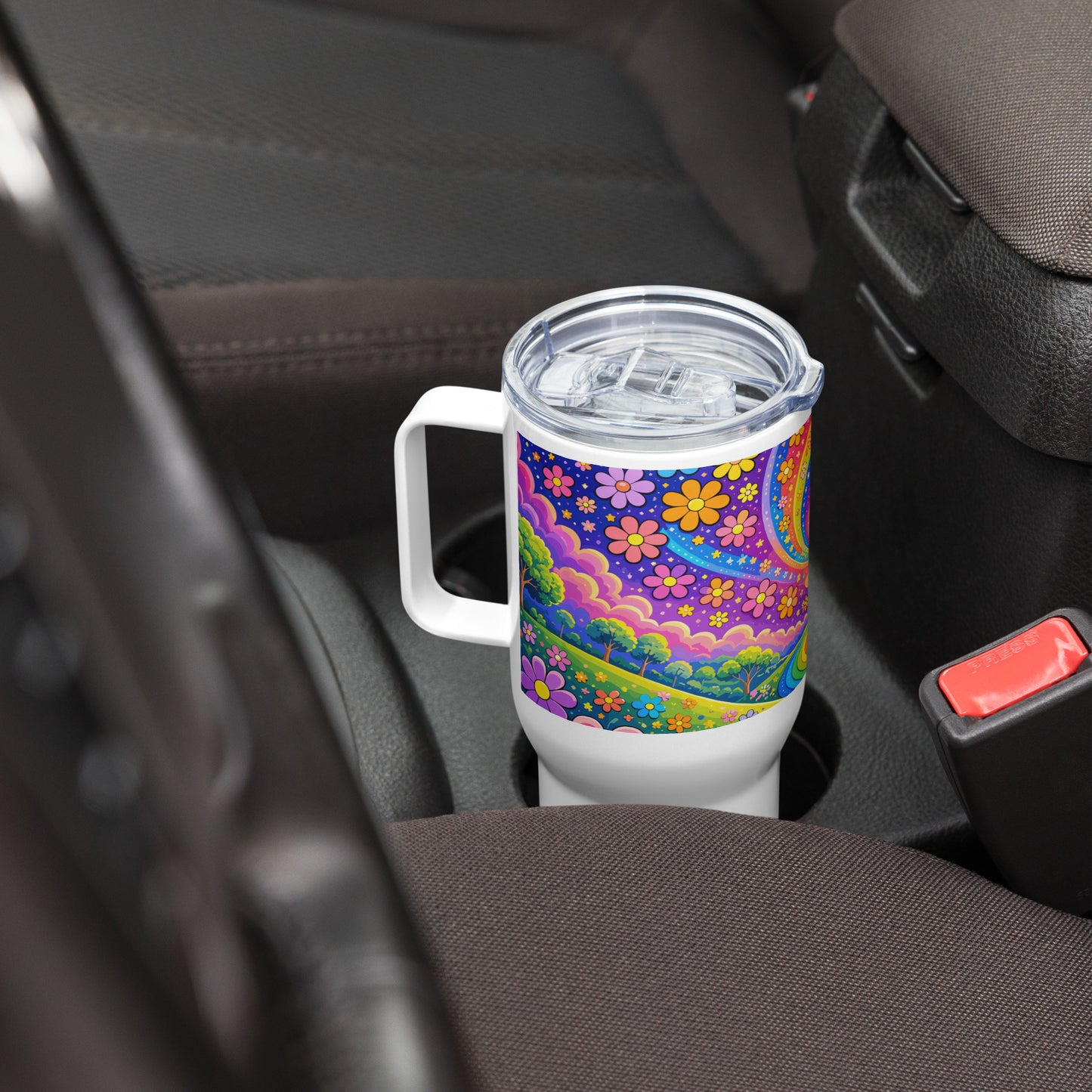 Psychedelic travel tumbler featuring a vibrant rainbow road winding through green hills with colorful daisy flowers