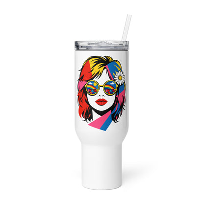 Retro pop art illustration of a woman with rainbow sunglasses and a daisy on a travel mug for faroutgoods.com.