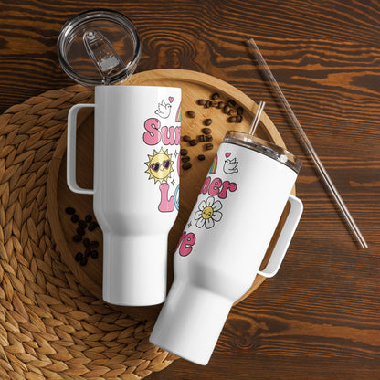Groovy Summer of Love graphic with a pink rainbow, sun, and daisy on a portable travel mug for retro aesthetic fans.
