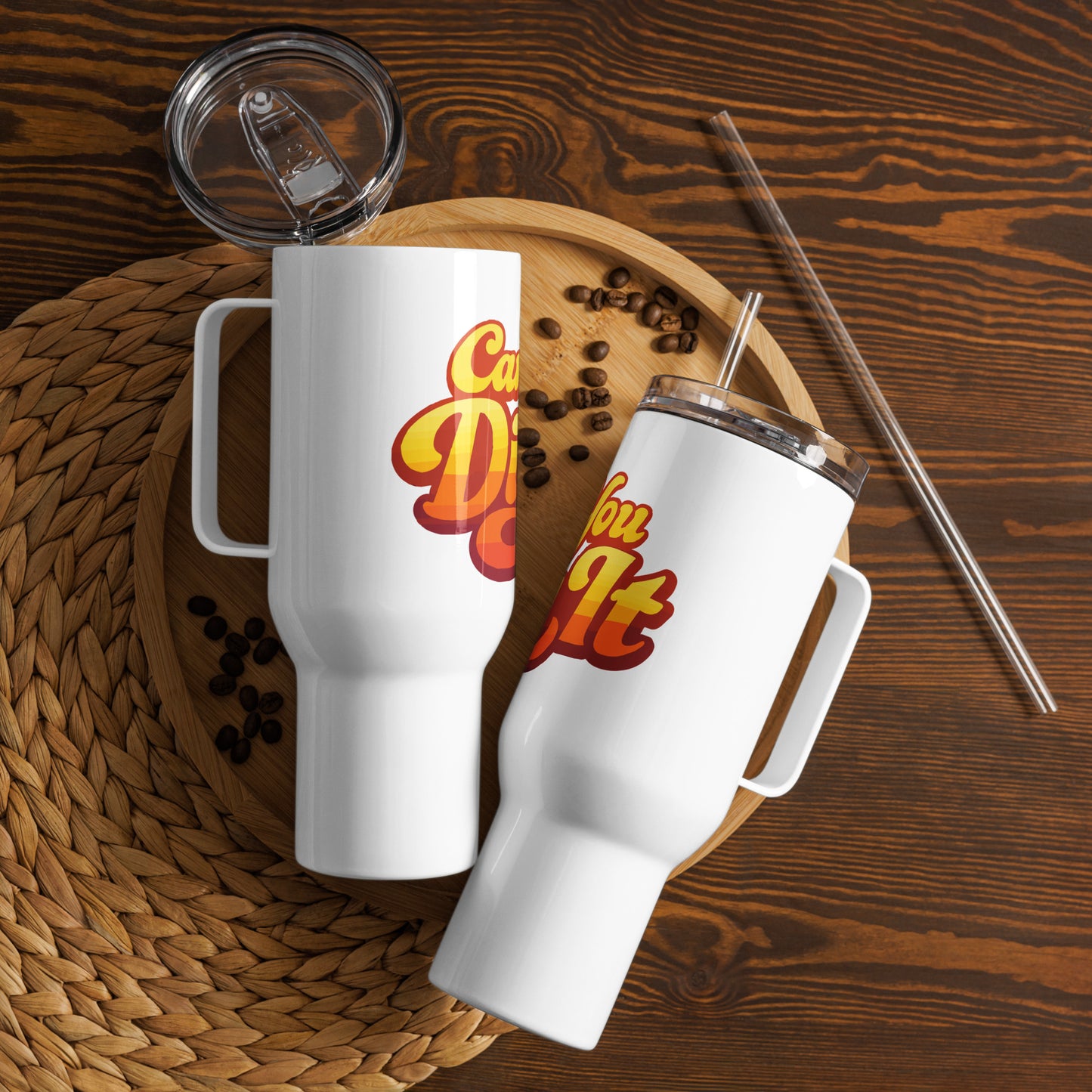 70s retro groovy font saying Can You Dig It in a yellow and orange sunburst gradient on a stainless travel mug.