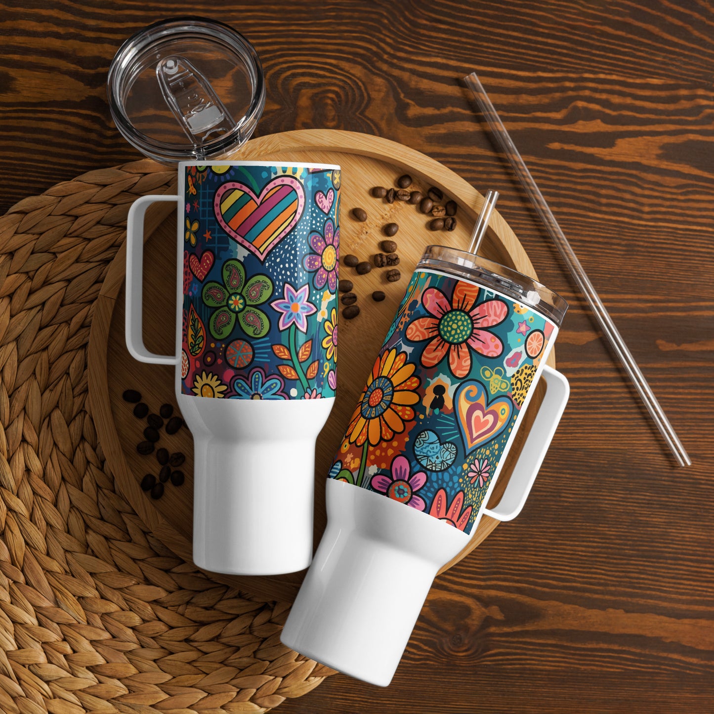 Retro psychedelic stainless steel travel tumbler featuring colorful 60s flower power patterns and doodle art.