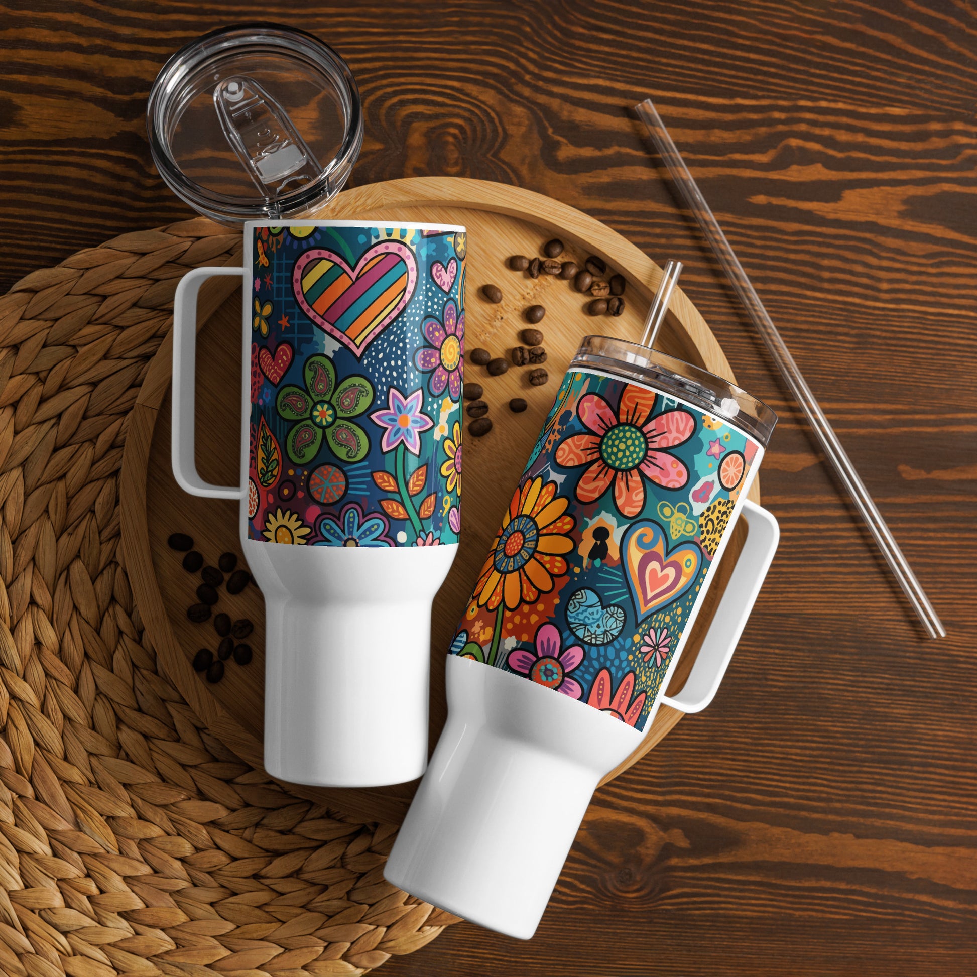 Retro psychedelic stainless steel travel tumbler featuring colorful 60s flower power patterns and doodle art.