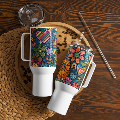Retro psychedelic stainless steel travel tumbler featuring colorful 60s flower power patterns and doodle art.