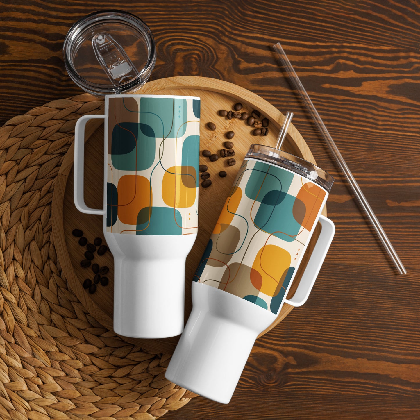 Retro geometric stainless steel tumbler featuring mid-century rounded squares and lines in teal, mustard yellow, and orange.