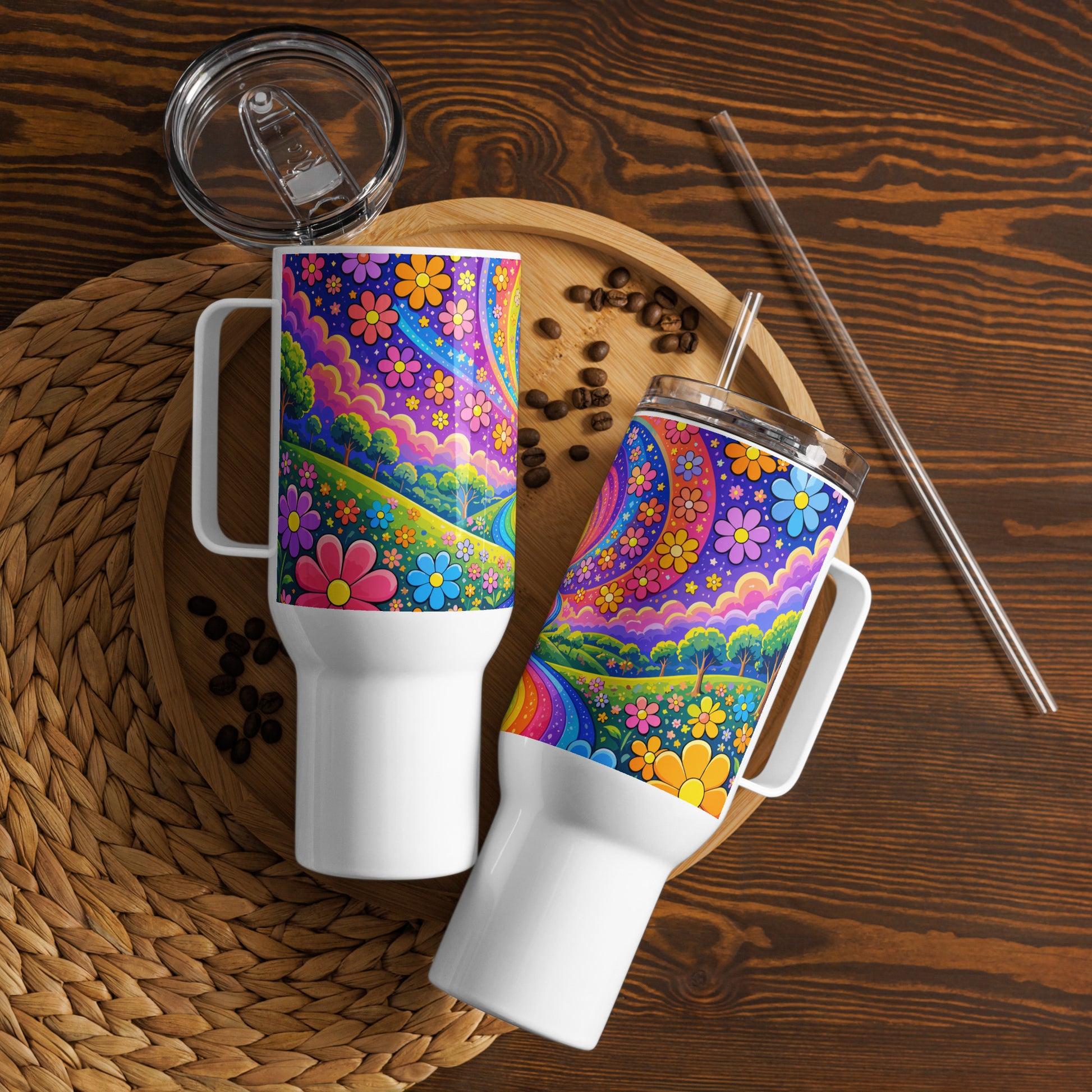 Psychedelic travel tumbler featuring a vibrant rainbow road winding through green hills with colorful daisy flowers
