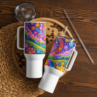 Psychedelic travel tumbler featuring a vibrant rainbow road winding through green hills with colorful daisy flowers