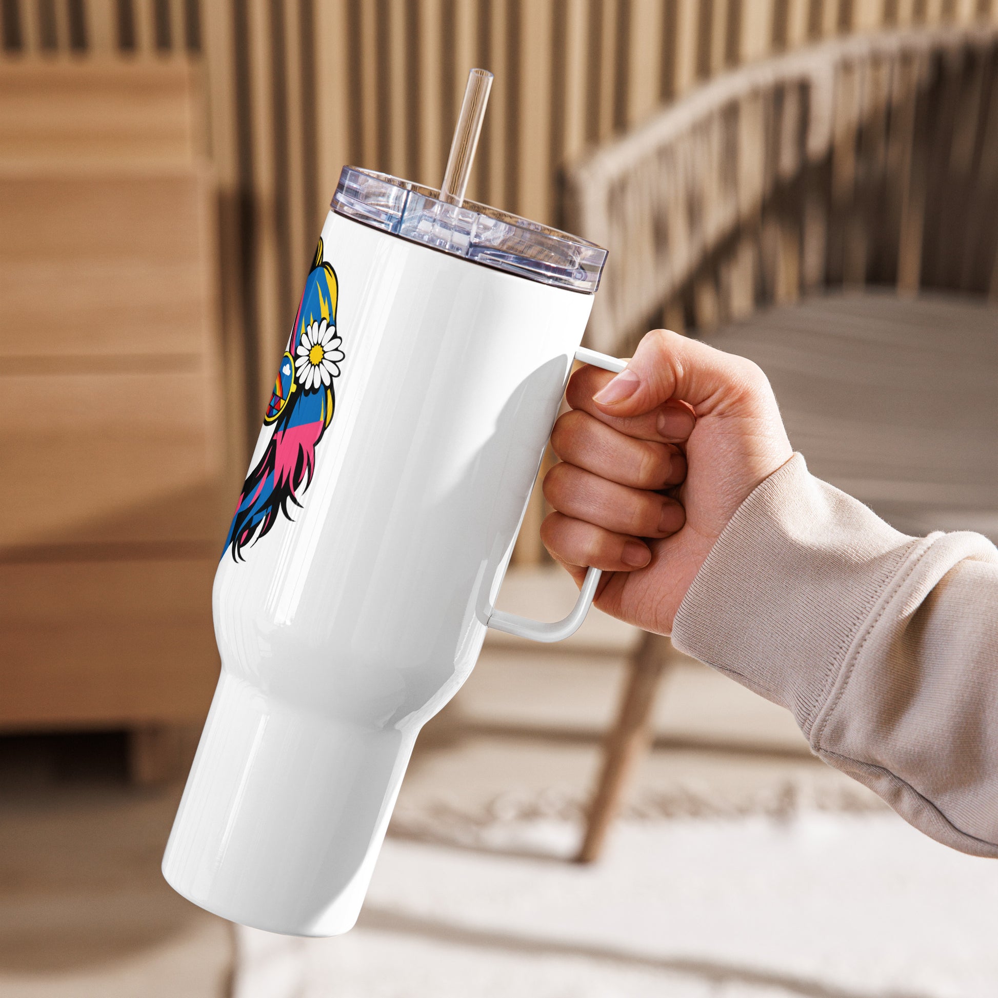 Retro pop art illustration of a woman with rainbow sunglasses and a daisy on a travel mug for faroutgoods.com.
