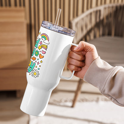 70s travel tumbler design featuring "It's a Good Day to Be Happy" with rainbows and daisies on black background.