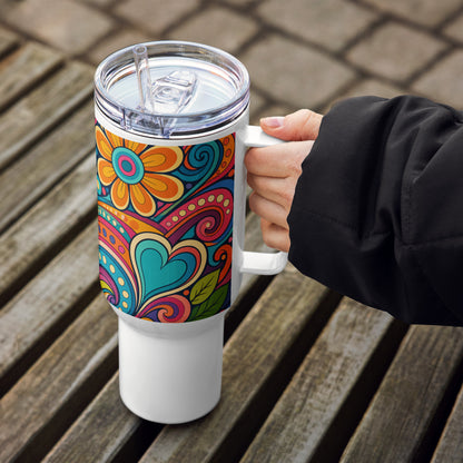 Stainless steel travel tumbler featuring a colorful 70s psychedelic pattern of groovy flowers, swirls, and hearts.
