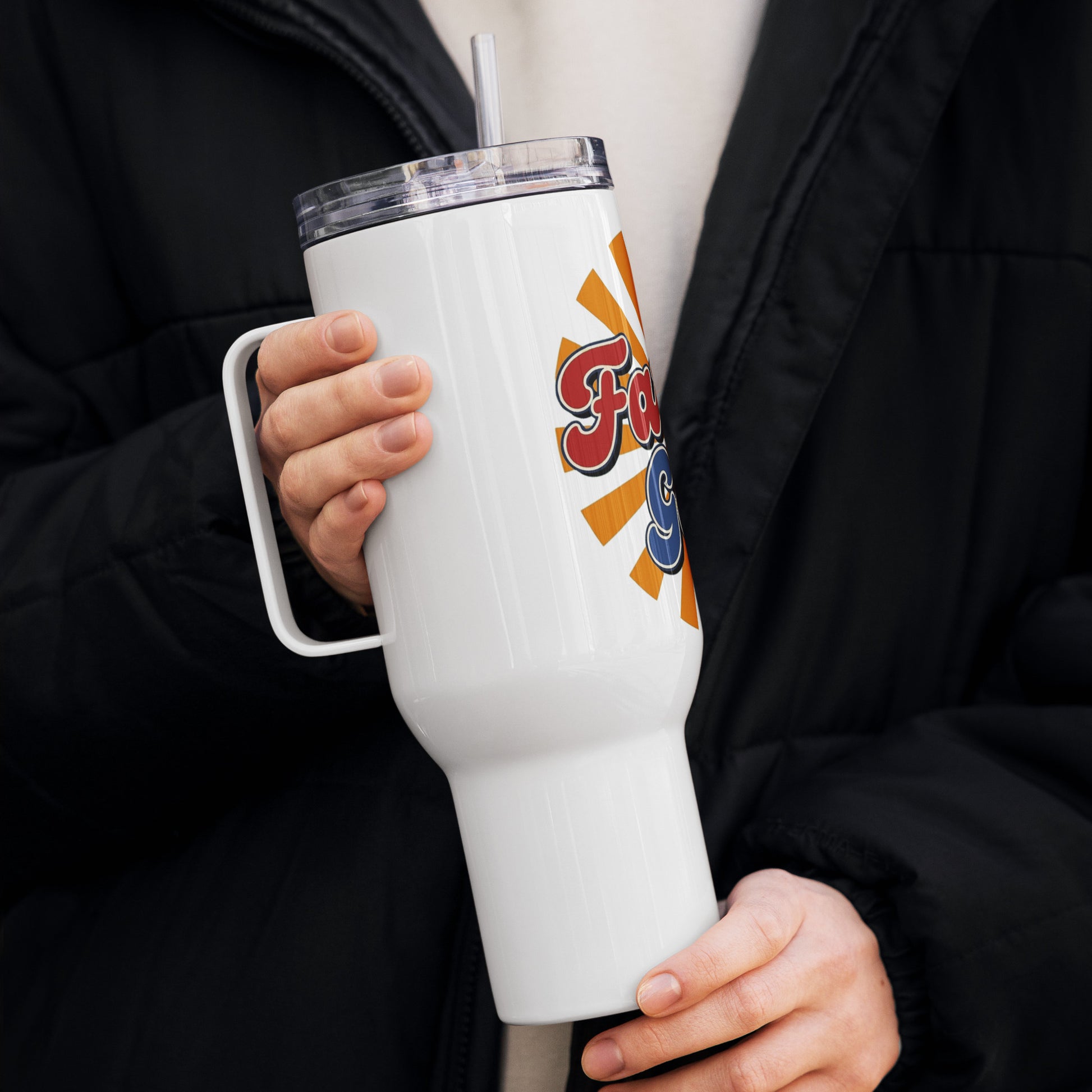 Insulated travel mug featuring a vintage orange sunburst and Far Out Goods logo in retro red and blue script.