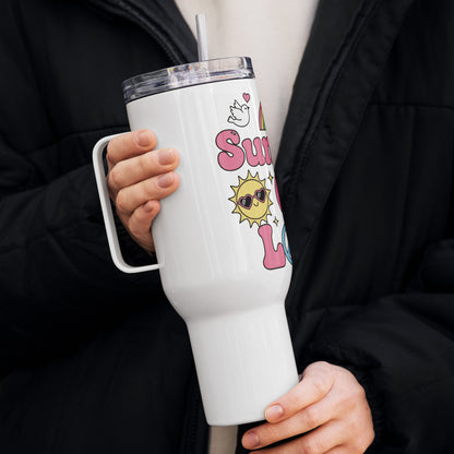 Groovy Summer of Love graphic with a pink rainbow, sun, and daisy on a portable travel mug for retro aesthetic fans.