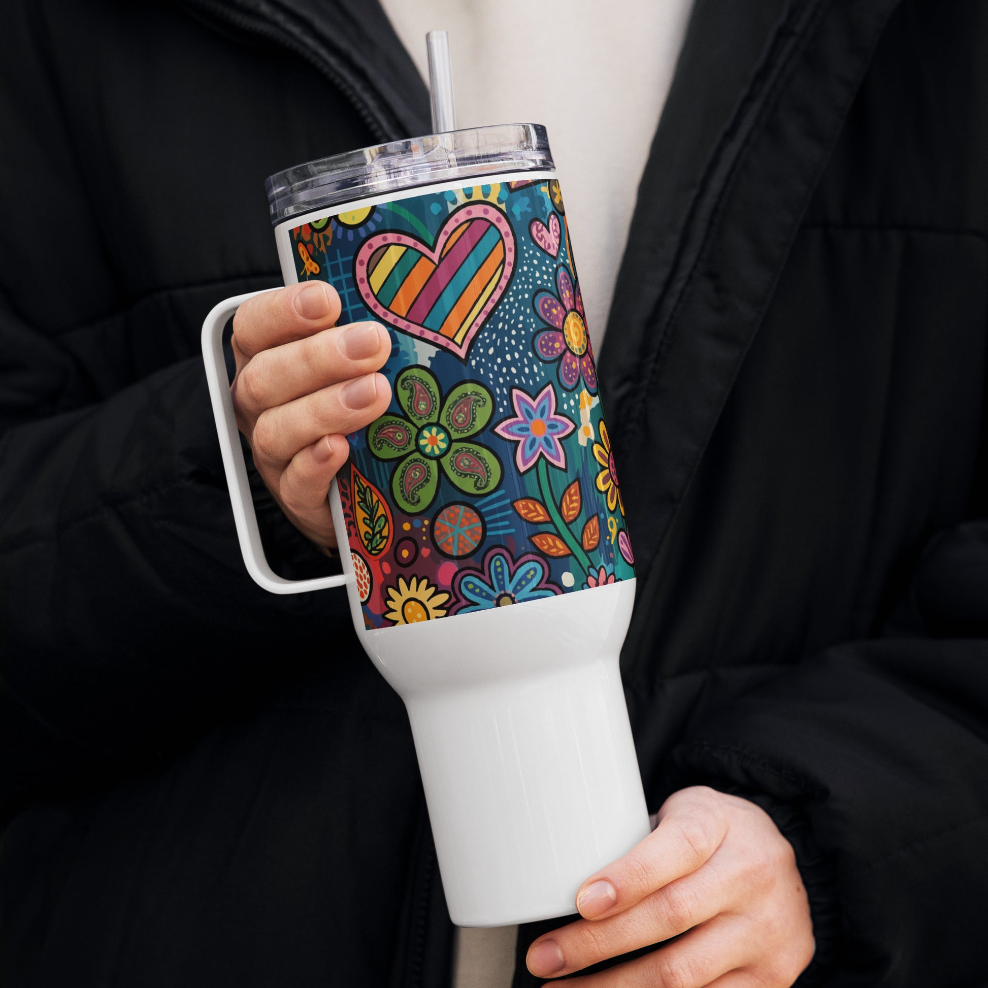 Retro psychedelic stainless steel travel tumbler featuring colorful 60s flower power patterns and doodle art.